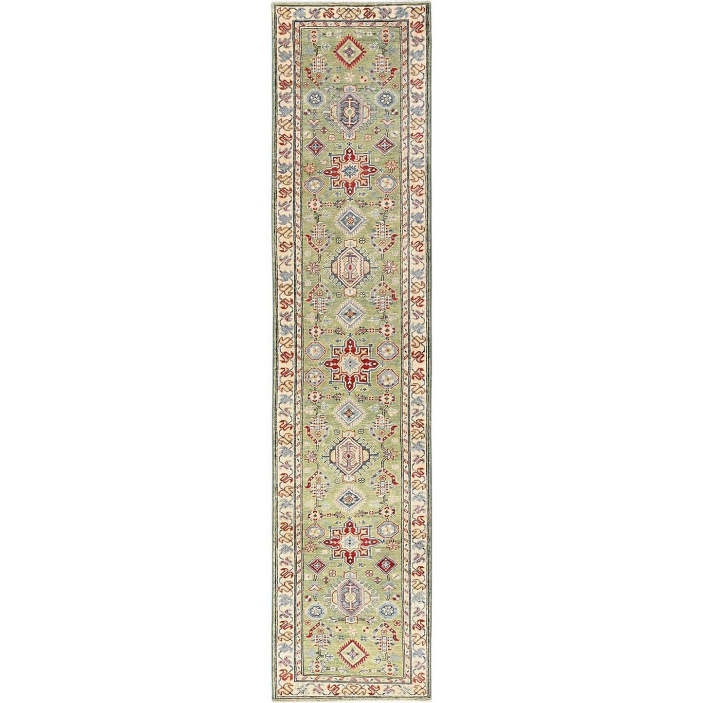 2'8"X12'7" Green Kazak With Geometric Design Hand Knotted Rug Wool Runner
