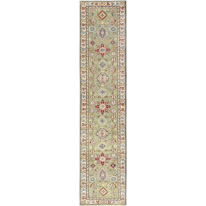 2'8"X12'7" Green Kazak With Geometric Design Hand Knotted Rug Wool Runner