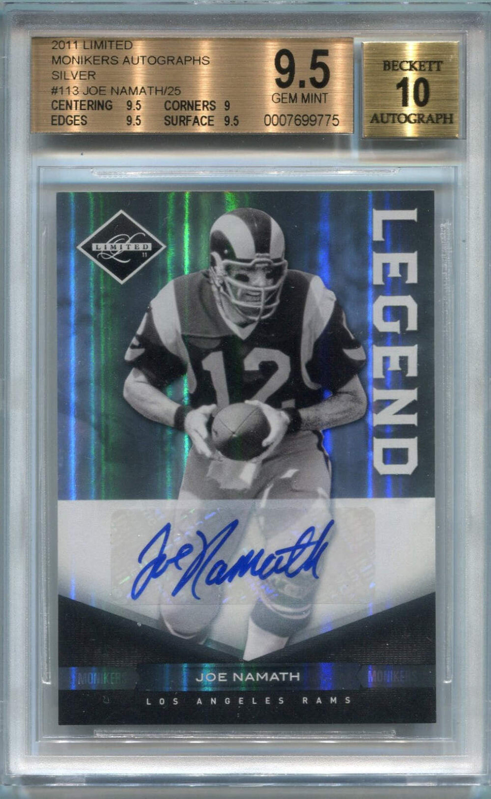 Joe Namath 2011 Panini Limited Monikers Auto Card #113 22/25 Bgs Graded 9.5/10