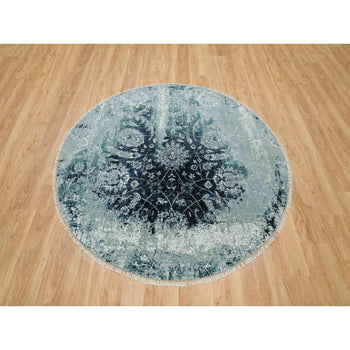6'X6' Sapphire Blue Zoroastrian Wool And Silk Hand Knotted Round Rug