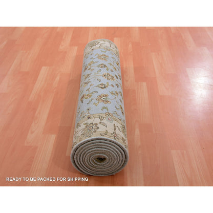 3'X12'2" Blue Hand Knotted Rajasthan Leaf Design Wool And Silk Runner Rug