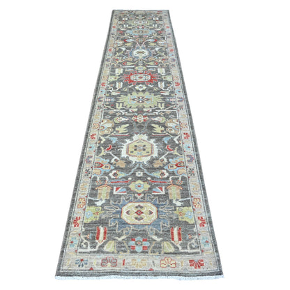2'8"X11'10" Jet Gray Hand Knotted Pure Wool Fine Peshawar Runner Rug