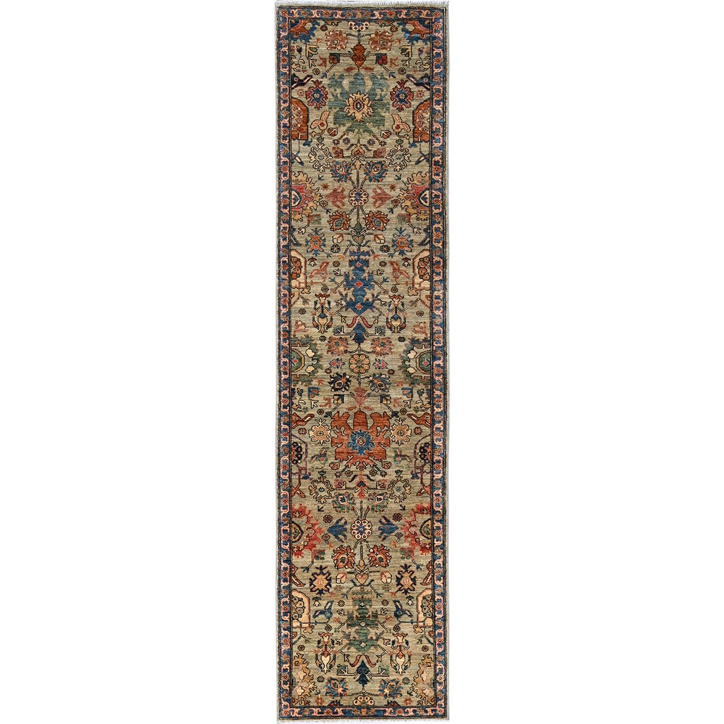 2'10"X12' Light Green Heris All Over Design Wool Hand Knotted Runner Rug