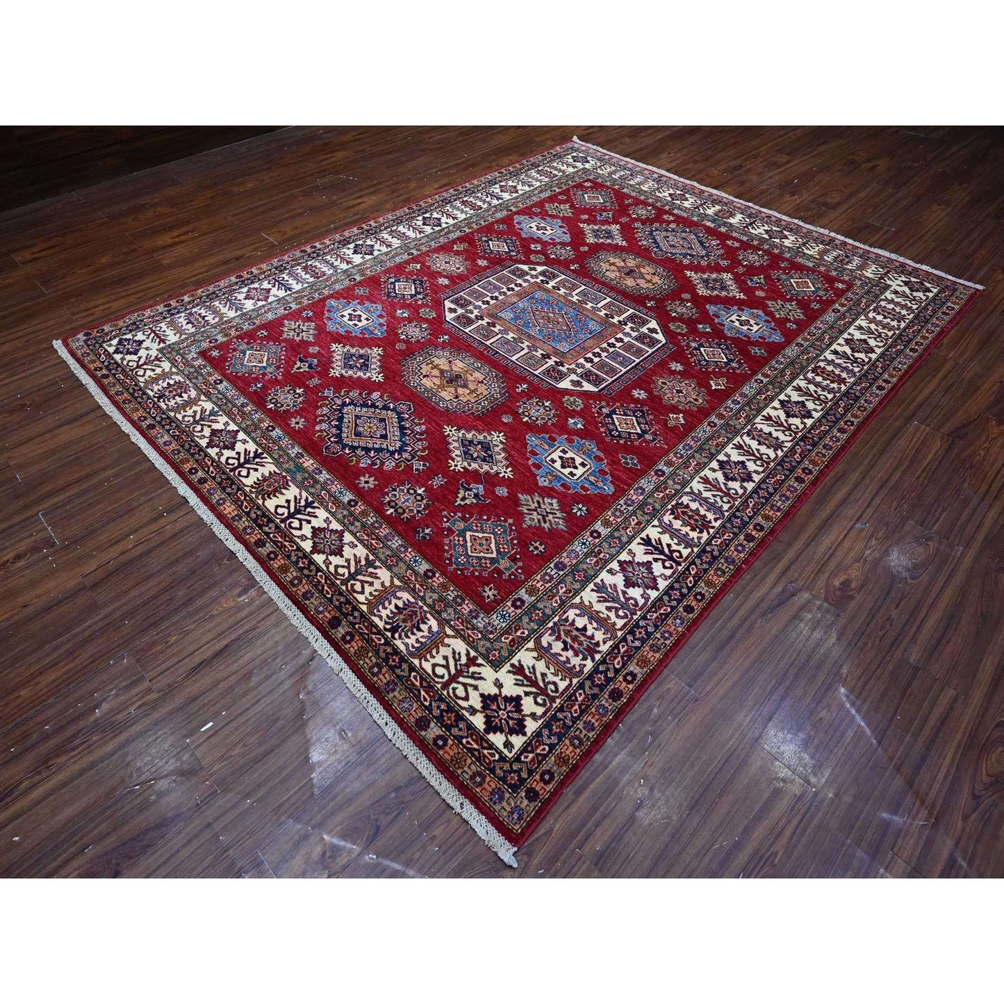 7'9"X9'9" Cereza Red Hand Knotted Afghan Super Kazak Wool Oriental Rug