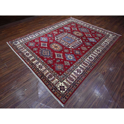 7'9"X9'9" Cereza Red Hand Knotted Afghan Super Kazak Wool Oriental Rug