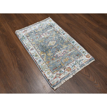 2'X3' Blue Wool Broken And Erased Zoroastrian Heris Hand Knotted Mat Rug