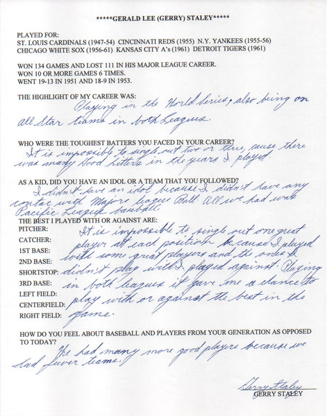 Gerry Staley Autographed Hand Filled Out Survey Page (Jsa)