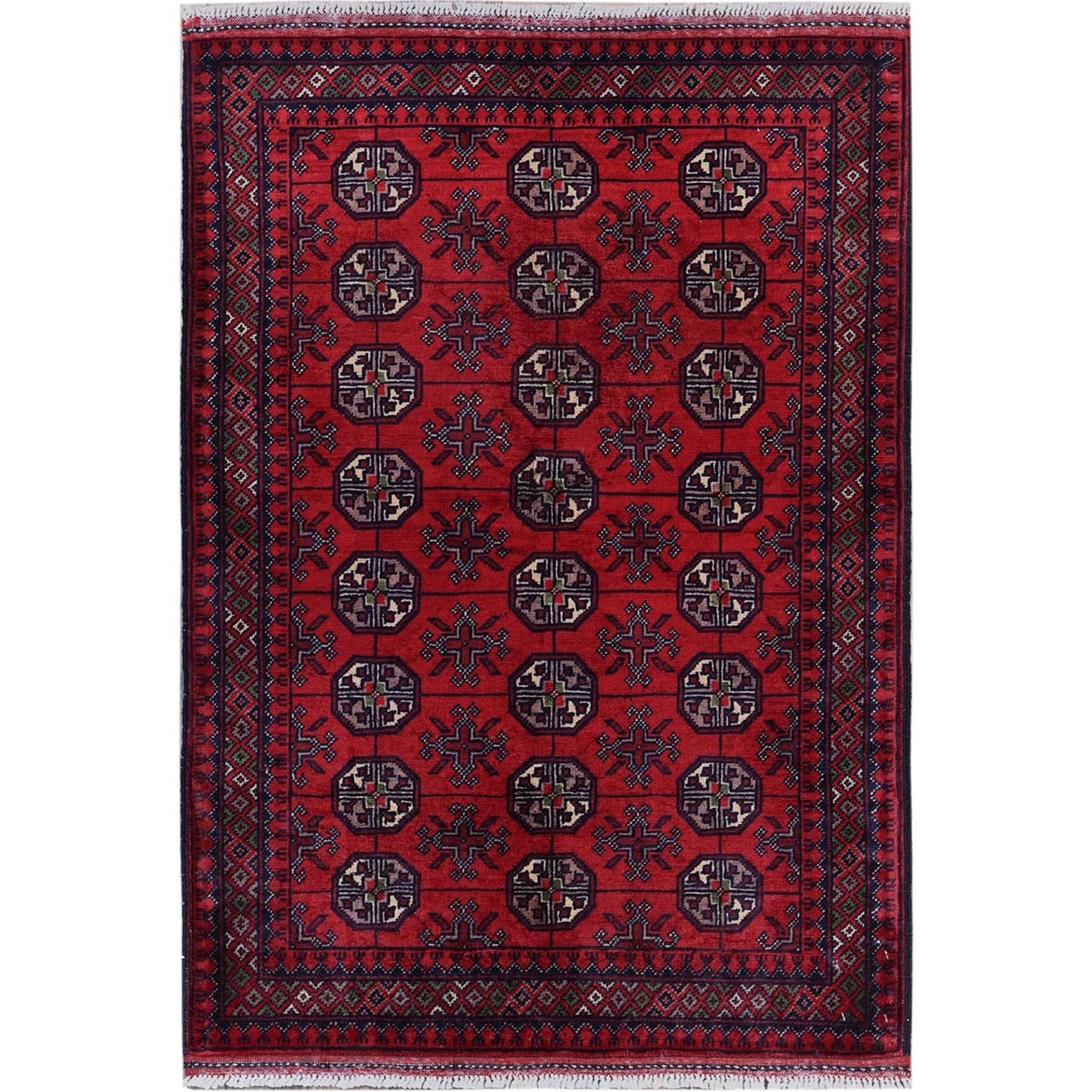 2'9"X3'10" Red Princess Bokara Geometric Design Wool Hand Knotted Mat Rug