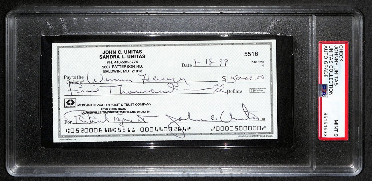 Johnny Unitas Signed 1/18/99 Check Psa/Dna Mint 9
