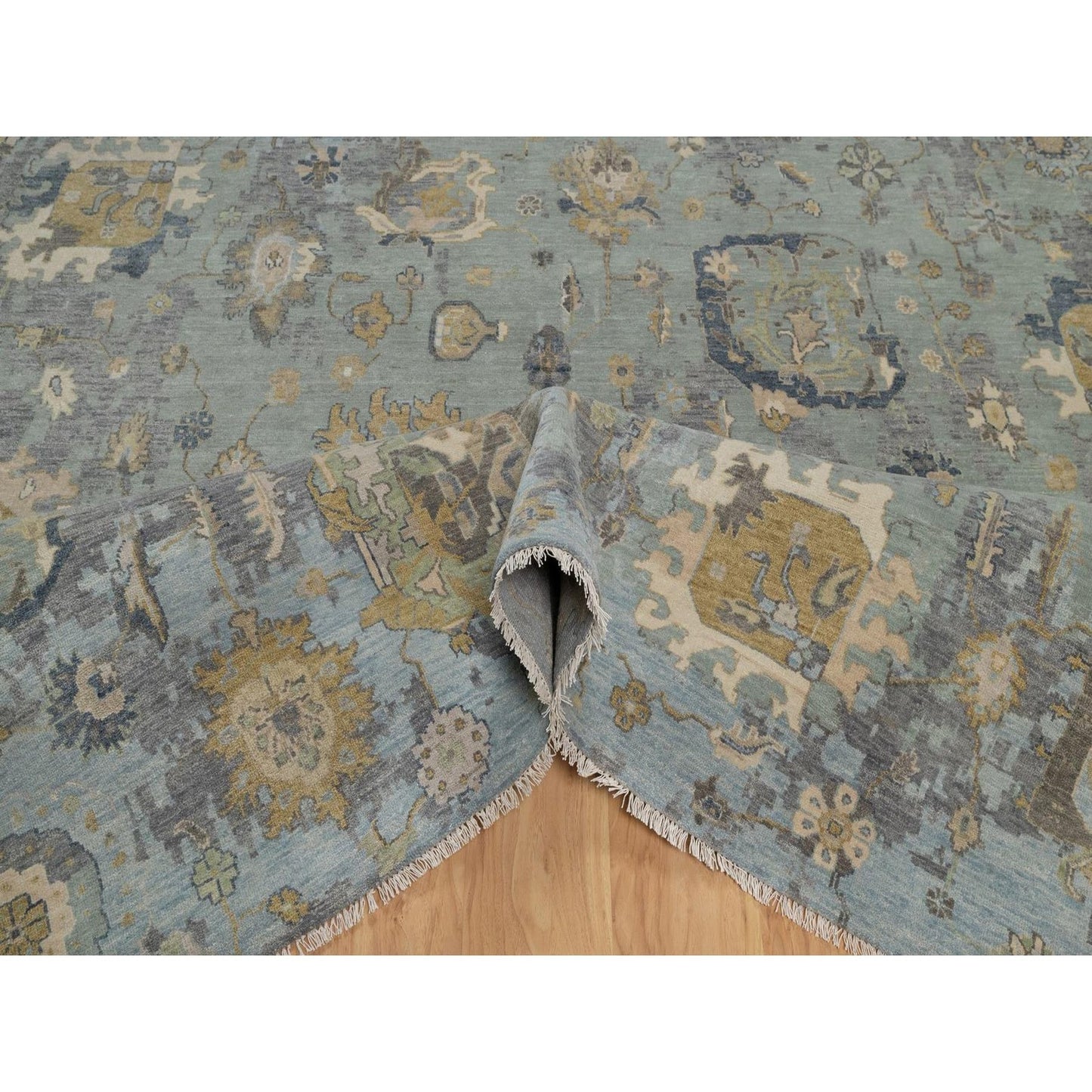 8'7"X12' Silt Green Pure Wool Rug Oushak With Leaf Pattern Hand Knotted