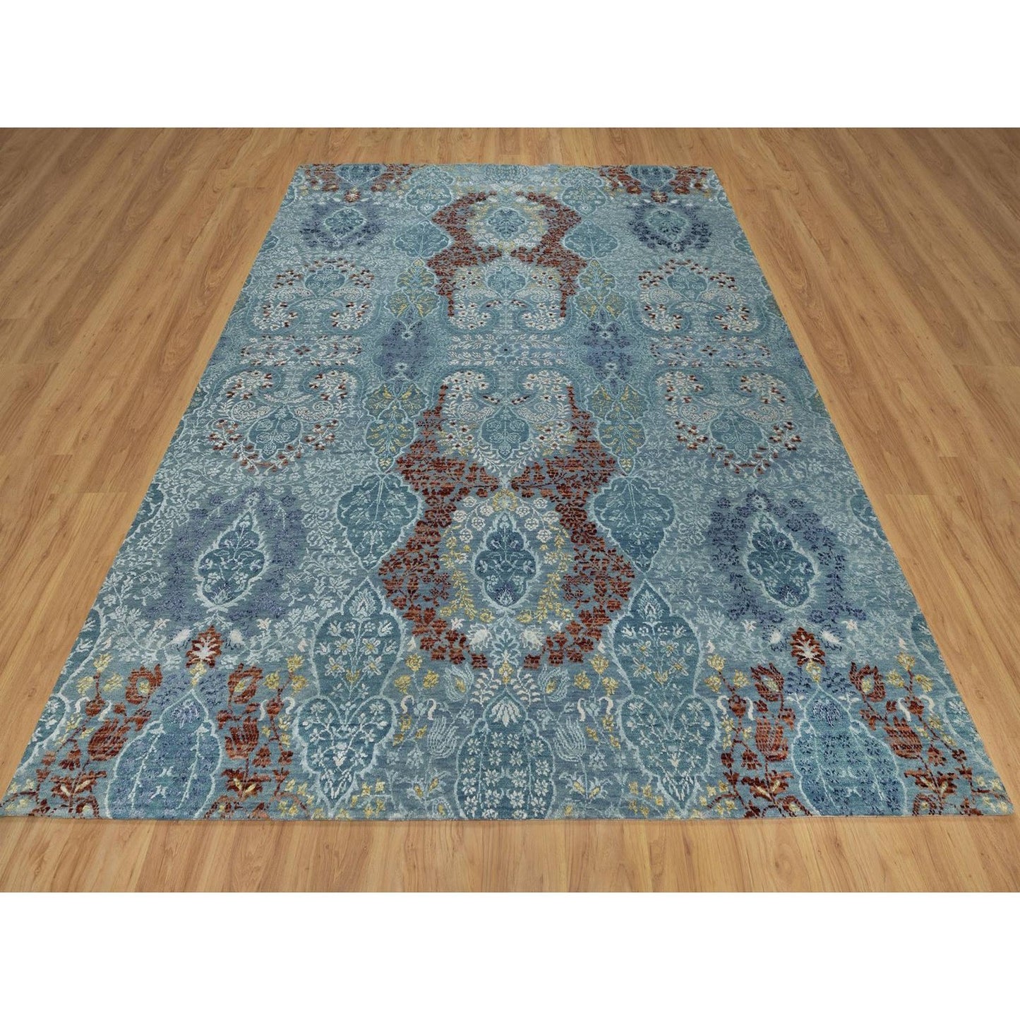 8'1"X10'1" Cerulean Blue Jewelry Design Wool And Silk Hand Knotted Rug