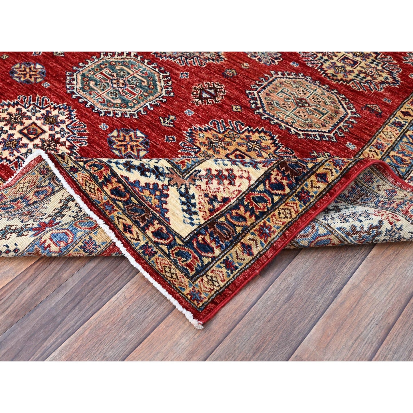 6'1"X8'10" Toreador Red Afghan Hand Knotted Super Kazak Wool Oriental Rug