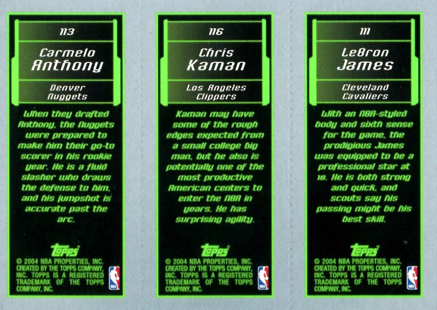 Lebron James, Carmelo Anthony, & Chris Kaman 2004 Topps Unsigned M3 Card