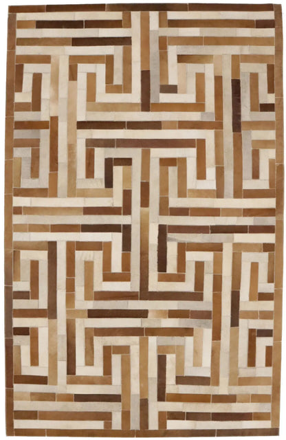 Handcrafted Brown Beige Cowhide Leather Rug