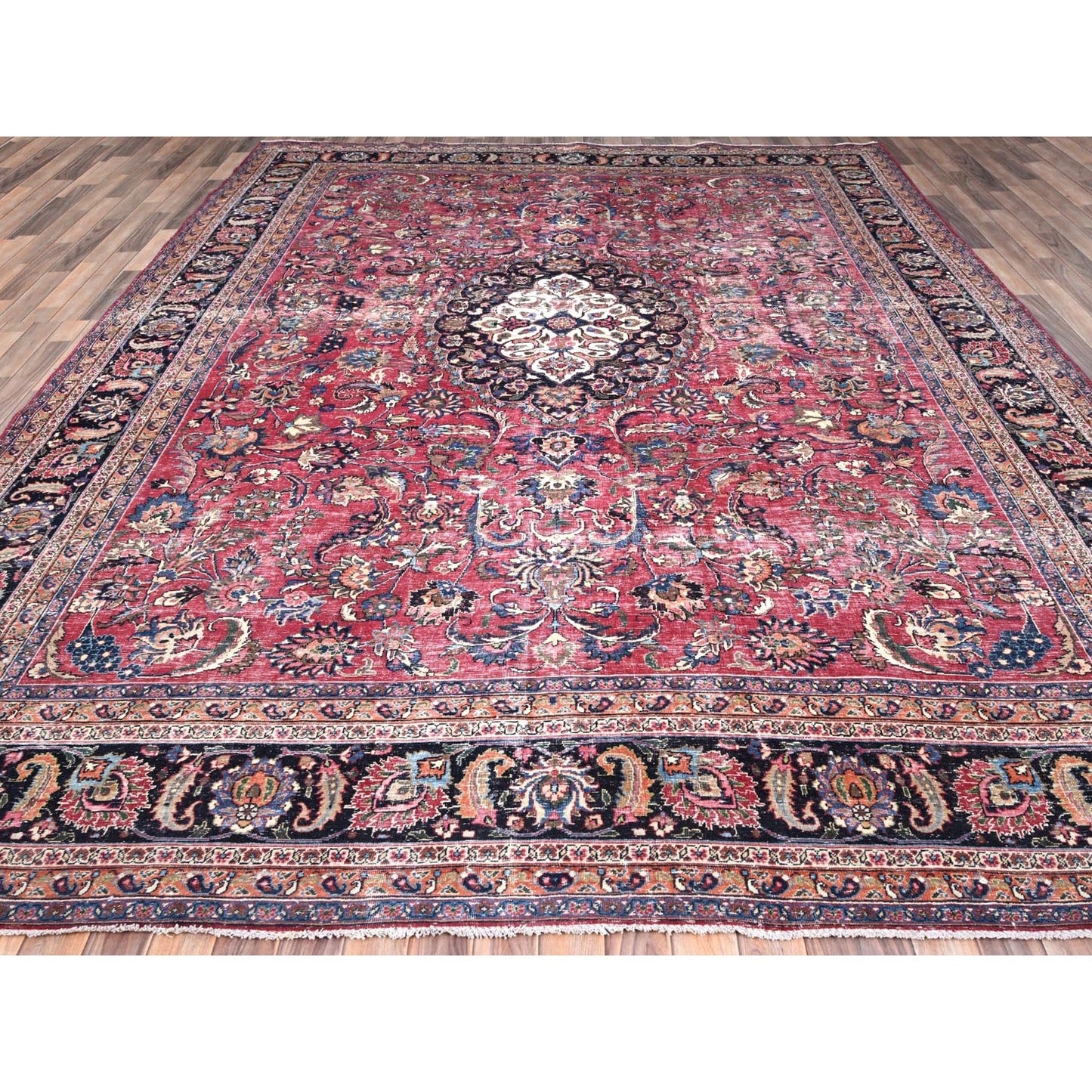Rug 10'x12'7" Red and Worn Zoroastrian Wool Hand Knotted
