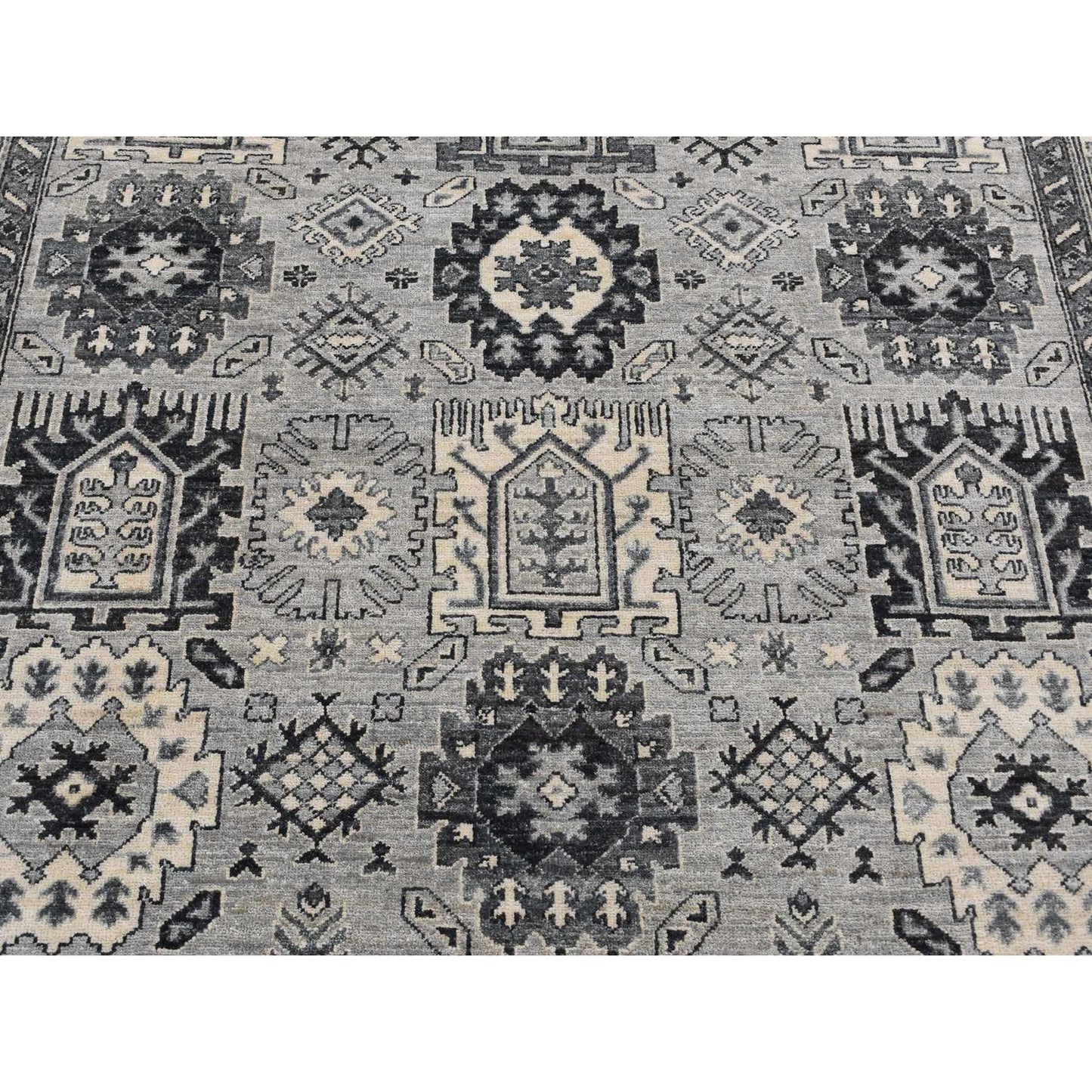 6'2"X9'2" Gray Pure Wool Hand Knotted Peshawar With Karjihooz Design Rug