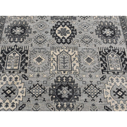 6'2"X9'2" Gray Pure Wool Hand Knotted Peshawar With Karjihooz Design Rug