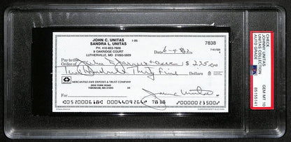 Johnny Unitas Signed 6/4/02 Check Psa/Dna Gem Mt 10 188653