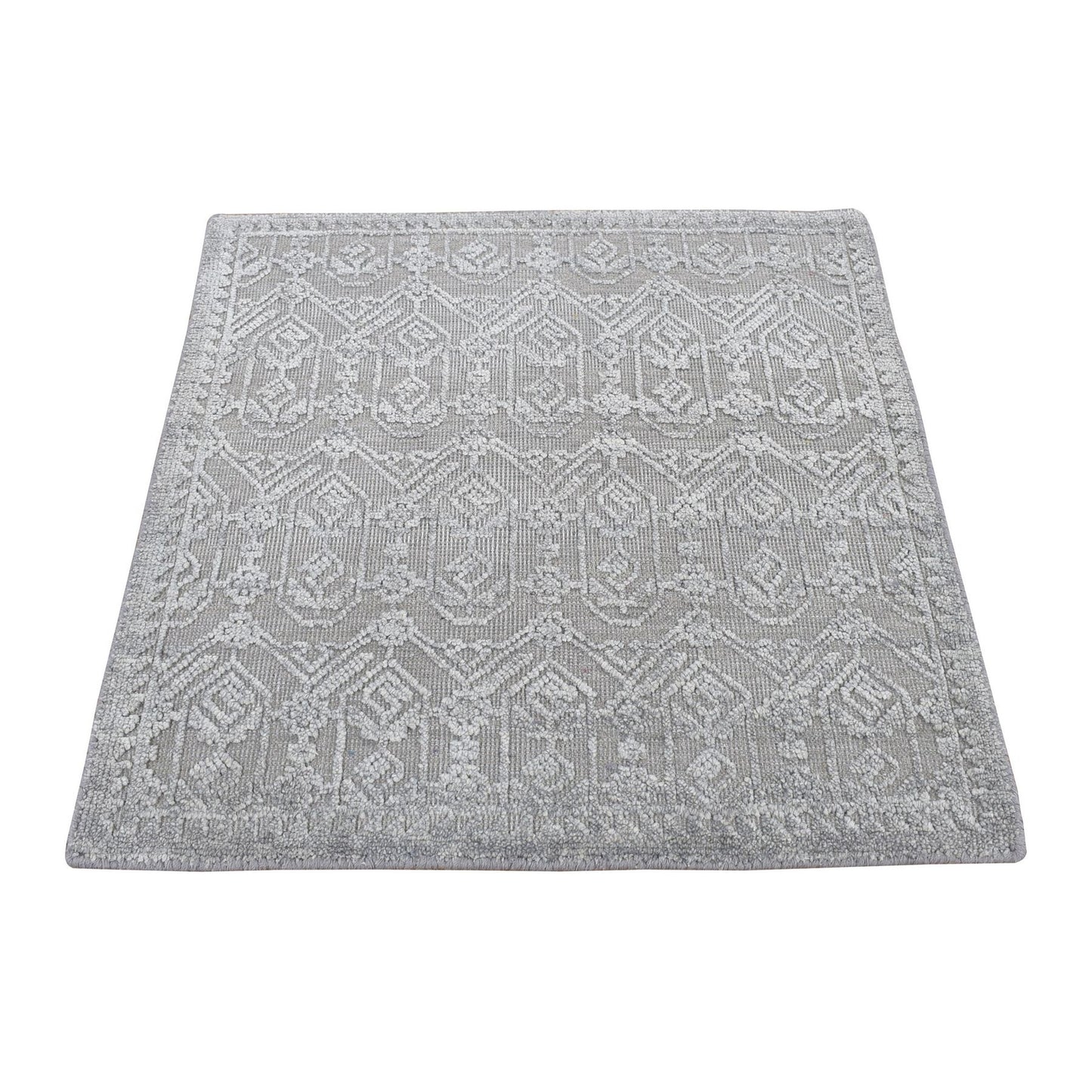 2'X2' Gray Silk With Wool Sample Tone On Tone Hand Knotted Square Rug