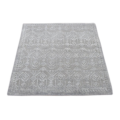 2'X2' Gray Silk With Wool Sample Tone On Tone Hand Knotted Square Rug