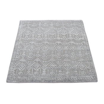 2'X2' Gray Silk With Wool Sample Tone On Tone Hand Knotted Square Rug