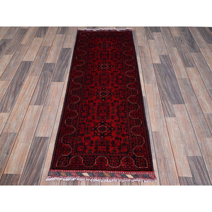 1'9"X5' Red Hand Knotted Afghan Khamyab Geometric Design Wool Runner Rug