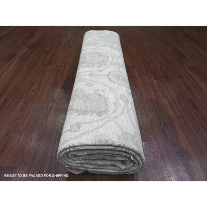 9'2"X11'10" White Washed Out Peshawar Leaf Design Hand Knotted Wool Rug