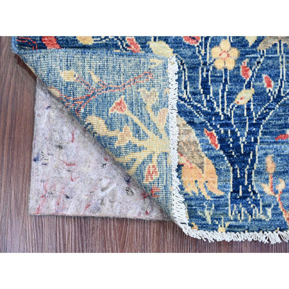 2'X3' Blue Afghan Peshawar Birds Design Hand Knotted Soft Wool Mat Rug