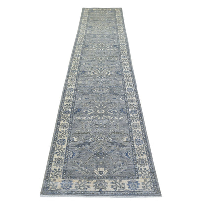 2'7"X13'1" Gray Pure Wool Hand Knotted Fine Densely Woven Runner Rug