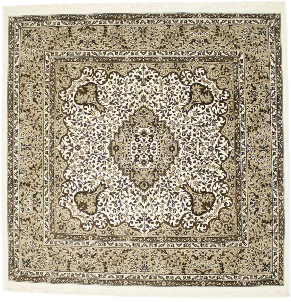Hand-Knotted Cream Kirman Square Rug Oriental Classic Floral Area Carpet 6X6 ft