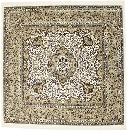 Hand-Knotted Cream Kirman Square Rug Oriental Classic Floral Area Carpet 6X6 ft