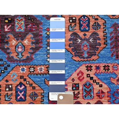 5'4"X6'8" Blue Afghan Caucasian Design Revival Hand Knotted Soft Wool Rug