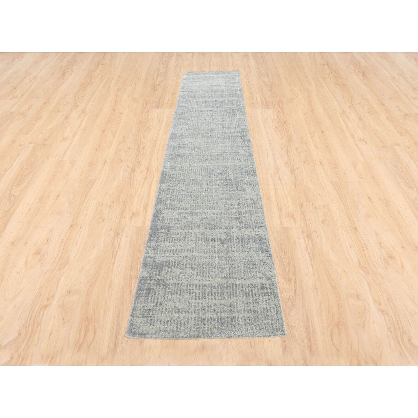 2'6"X12'1" Hand Loomed Fine Jacquard Gray Modern Wool And Silk Runner Rug