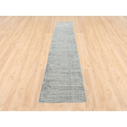 2'6"X12'1" Hand Loomed Fine Jacquard Gray Modern Wool And Silk Runner Rug