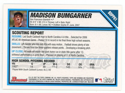 Madison Bumgarner 2007 Topps 1St Bowman #Bdpp61