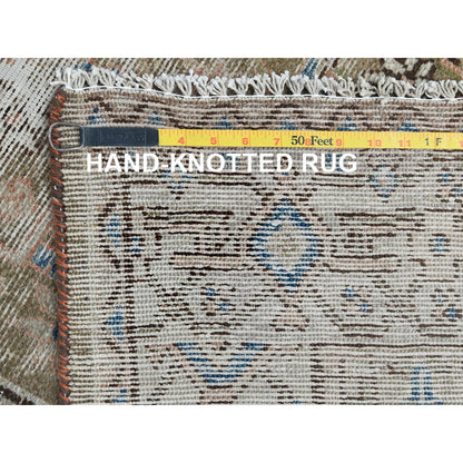 Green Worn Wool Hand Knotted Vintage Farsian Amadan Wide Runner Rug