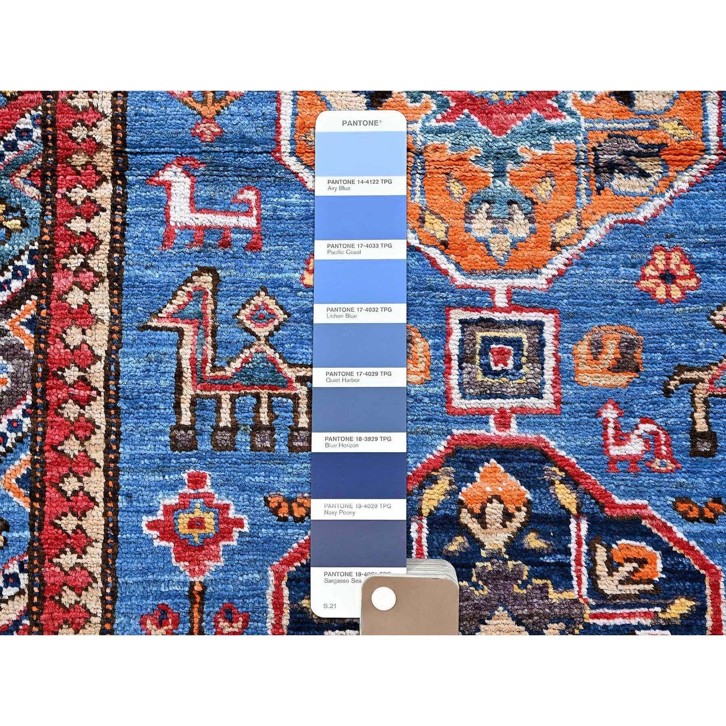 2'8"X9'7" Blue Afghan Caucasian Design Revival Wool Hand Knotted Runner Rug