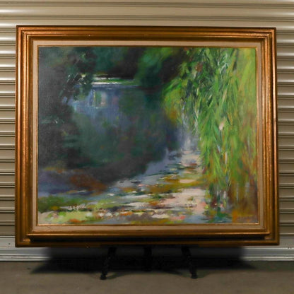 Oil painting large signed framed M Bouchery Impressionist styl reflections pond