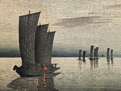 Rare Japanese Woodblock Print "Sailing Boats" By Koson Ohara (Shoson), C. Meiji