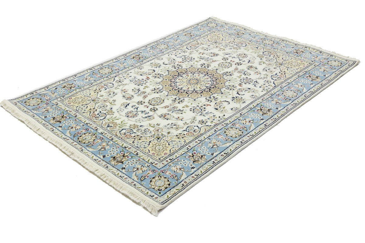 5X7 Handmade Indo-Nain Oriental Rug Cream Light Blue Floral Medallion Carpet