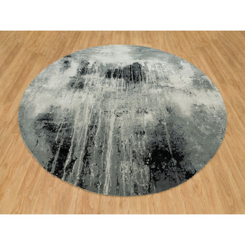 10'X10' Obsidian Black Hand Knotted Abstract Wool And Silk Round Rug