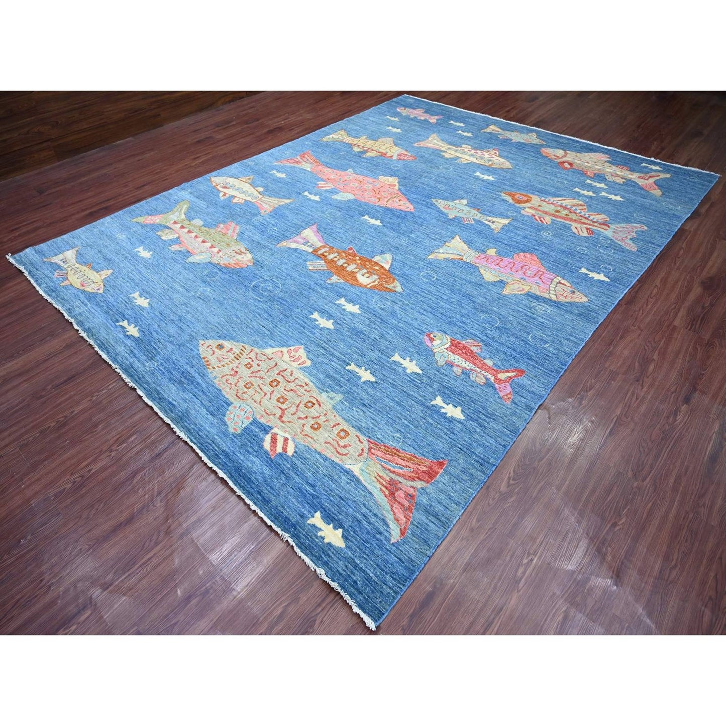 9'x11'9" Blue Afghan Peshawar with Fish Design Soft Wool Hand Knotted Rug