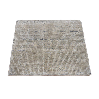 2'X2'3" White Pure Silk Broken And Erased Design Hand Knotted Sample Rug