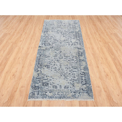 2'9"X7'8" Gray Silk/Wool Hand Knotted Broken Kishoon Design Runner Rug