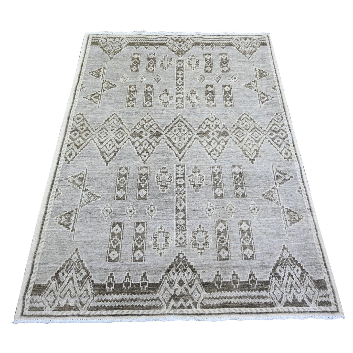 4'X5'8" Ash Gray Pure Wool Hand Knotted Fine Peshawar Oriental Rug