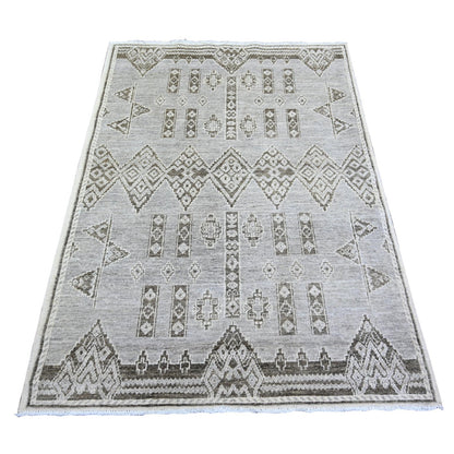 4'X5'8" Ash Gray Pure Wool Hand Knotted Fine Peshawar Oriental Rug