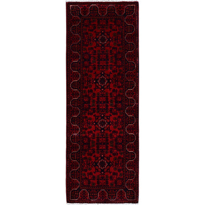 1'8"X4'9" Red Afghan Khamyab Geometric Pattern Hand Knotted Wool Runner Rug