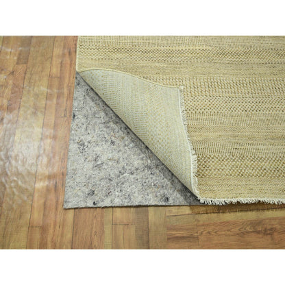 9'1"X12'3" Ecru Brown Modern Grass Design Hand Knotted Wool And Silk Rug