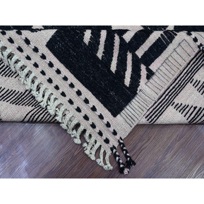 9'4"X12'10" Black Hand Knotted Moroccan Weave Ethnic Design Soft Wool Rug