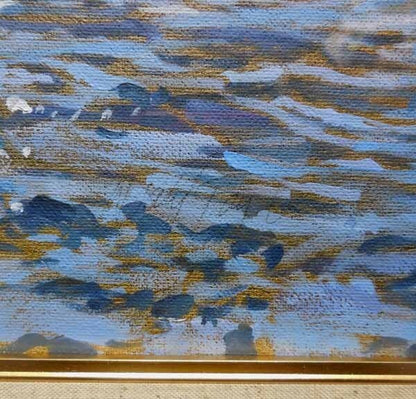 Oil painting of a lake scene with a boat in autumn, signed, large canvas.